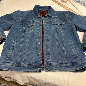 Vtg Ranchers Coat Men's Denim Jacket with Red Plaid Lining Sz L Workwear Western